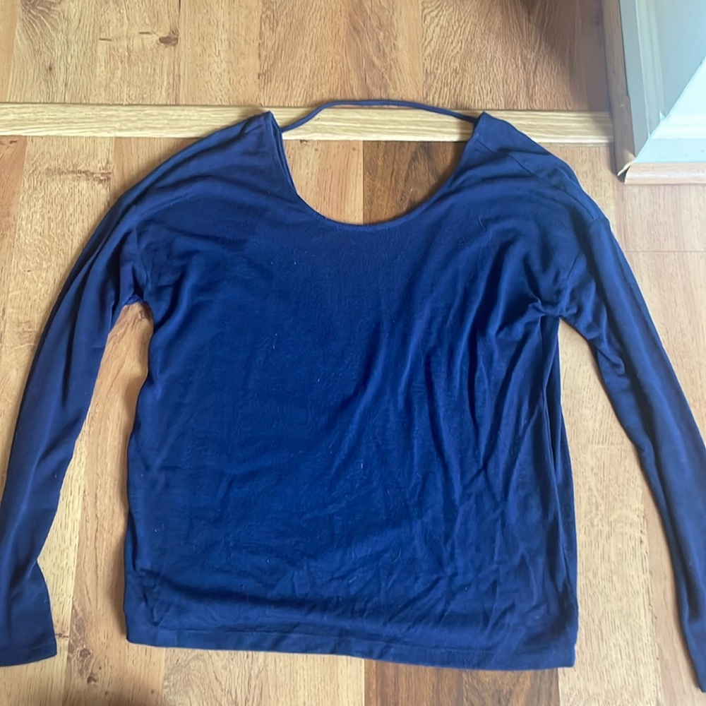 Lightweight navy blue open wrap back top
